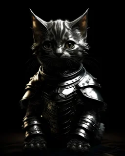 evil kitten in metal armor, satanic, Chiaroscuro, hyper realism, realistic, highly detailed, high contrast sharp