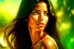 Digital Art, Digital Masterpiece, High Definition, Colorful, Natural Illumination, Summer time, Sunny day, magazine style,(1 beautiful italian girl:2.5), (long black hair:1.8), (sexy tan skin:1.8), (sexy italian face:2), (sexy green eyes:1.5), (looking back:1.5), (blue bikini:1.8), (professional shot:1.2), beachside, action film style, (a palm tree on the right:1.8)