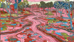 A pink swamp near a highway designed in Australian aboriginal art painted by Jean Dubuffet