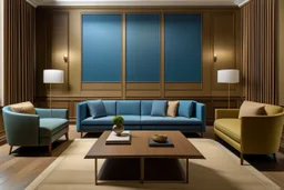 A sitting room consisting of single and double sofas and a rectangular table. The floor and walls are in shades of brown and blue.