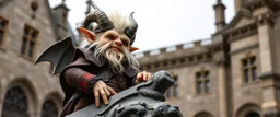 a blonde fluffy gnome quickling kobold gremlin that looks like the opposite of a vampire in bunad leaning on statue, holding his horns