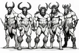 a creative line of creatures on the same specie: faun, satyr, centaur, minotaur from left to right. Standing for the purpose of a movie