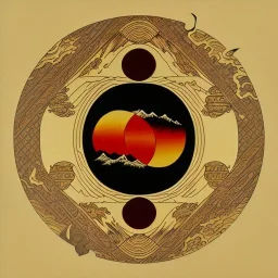 Ukiyo-e styled art, yin and yang sign, mountains and sun