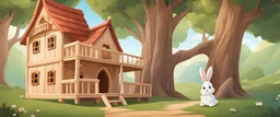 rabbits wooden castle hutch little house with twoo floors background, disney cartoon style