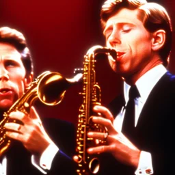 eyes closed REd-haired ron howard is richie from happy days playing the saxophone with his "eyes closed", rock band, embouchure, looking at camera