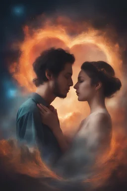 heart-shaped, electrifying, close-up, Head and shoulders portrait of Romeo and Juliet, double exposure shadow of the ghost, Invisible, poignant, extremely colorful, Dimensional rifts, multicolored lightning, outer space, planets, stars, galaxies, fire, explosions, smoke, volcanic lava, Bubbles, craggy mountain peaks the flash in the background, 32k UHD, 1080p, 1200ppi, 2000dpi, digital photograph, heterosexual love, speedforce