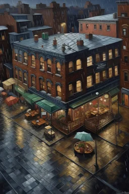 oil painting of a birds-eye view of an Italian trattoria in Little Italy, New York situated in a three-storey brick building on a rainy night with busy street in front and multiple buildings around