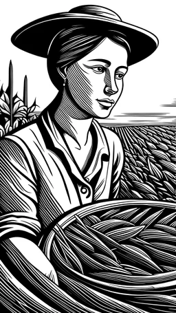 young woman, farmer, planting soy, woodcut, xilogravura, Livio Abramo, Sérvulo Esmeraldo, Tarsila do Amaral, ultra sharp 8k uhd smooth sharp focus highly detailed hd trending on artforum illustration digital