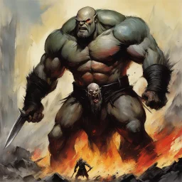 [art by Alex Maleev] In the heart of a rugged battlefield, a colossal bald warrior, a behemoth of strength and determination, engages in a fierce confrontation with a savage orc. The clash between the two titans reverberates through the air, echoing the primal struggle for dominance. The giant warrior, muscles bulging and eyes ablaze, wields a massive weapon with precision, while the orc, a formidable foe with green skin and tusks, retaliates with brutal ferocity. Each blow exchanged is a testam