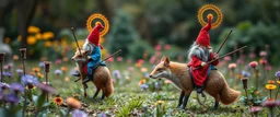 depth of field, halo, blue and red clothed gnomes riding mouse foxes with lances in garden of eden in the style of Escher and Giger