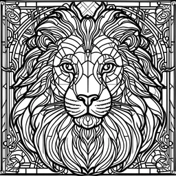 outline art for square lion head stained glass style coloring page for kids, classic manga style, anime style, realistic modern cartoon style, white background, sketch style, only use outline, clean line art, no shadows, clear and well outlined