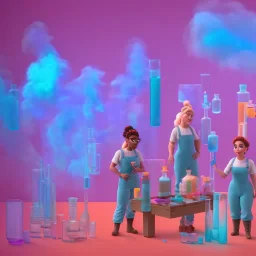 group of scientists is in the laboratory. invent new colors. smoke rises from multi-colored glassware. they are wearing overalls. color swatches in the background. hyperdetailed, orange and teal, warm colors, detailed painting, photorelistic, oil on canvas, light dust, futuristic. volumetric lighting