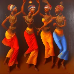 an abstract painting with figures of three African women dancing