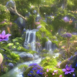 magical blu castel, bioluminsescent plants, 8k resolution, dynamic lighting, ultra hyperdetailed, waterfalls, ultra colourful flovers and butterflys,, very small details, realistic.