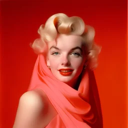 A photograph of young marilyn monroe, surprised, inthe style of milton greene, orange silk scarf, pink background