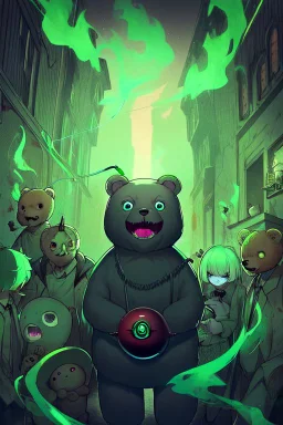 A maniacally laughing psycho evil teddy bear holding a knife, his one eyeball (made of a button and thread) hangs down his furry face, creepy, nightmarish, scary and surreal, the background is a bloody hallway erupted with bright neon green flames, animatronic, cartoonist, absurdist, exaggerated, character design, horror cut v.I, horror art, five nights at Freddy, similar art to chucky, garbage art, graphic novel illustration style, videogame art, post modern cartoon, trending on artstation, Ka