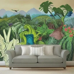 landscape mural of alien plants and animals