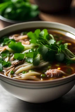 A picture of a bowl of pho with steaming broth, rice noodles, and sliced beef.