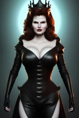 Geena Davis as evil queen in black leather, leather, busty, cleavage, angry, rage, stern look. character design by cory loftis, fenghua zhong, ryohei hase, ismail inceoglu and ruan jia. unreal engine 5, artistic lighting, highly detailed, photorealistic, fantasy