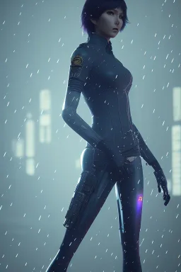 Beautiful Motoko Kusanagi, raining, nostalgic, cold, dark blue, gloomy, heavy fog, 8k photorealistic, cinematic lighting, high details, dramatic, atmosphereric