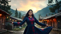 (Photographic View) The image should depict a serene evening scene of a traditional Pakistani village at beautiful dark heavy rainy night, featuring a (closeup face view of a) young happy woman (with beautiful long black hair) whirling wearing a navy-blue checkered dress with red embroidery, surrounded by rustic houses, thick trees & breathtaking mountain landscapes, bathed in soft golden light & dramatic hues of orange, pink, & purple.