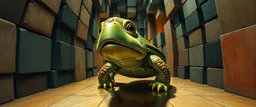 pin hole cam , master oil painting by Rembrandt, reflective marble madness turtle character portrait, a living bowling marble halls with slightly tilted floor in a twisted block maze, scenery from the game "marble madness", crystal birds, the floor betrays, the walls collide