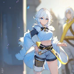 Clear focus, High resolution, rough line sketch art, short fluffy white hair, hair between eyes, fluffy hair, blue eyes, wearing a crop top, wearing shorts, detailed outfit, lots of details, bow on belt, white belt, white and blue everywhere on outfit, cut sleeve, yellow chains around outfit