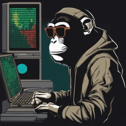 A Monkey sitting in front of a computer, wearing a hoodie and sunglasses. Matrix in background. Pixel Art. Profile Picture. Avatar. Pixel