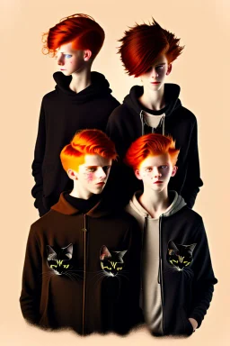 Act like a book cover designer. Use dark style. Grimmy black cat and three teenagers (13-15 years old) - two boys with ginger hair and frickles on their faces and a girl with brown long hair. Environment: old town.