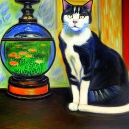 oil portrait of a Cat watching a fishbowl by Monet 8k