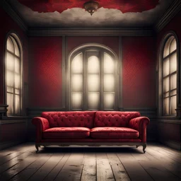 Hyper Realistic Dark Fancy Lounge with Fancy Couch & Grungy Red Damask Texture on Rustic off-white Wall with peeling & vignette effect at night from vintage windows