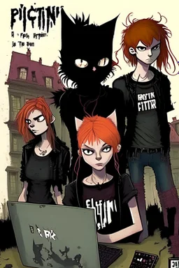 First plan: Black cat with three 13-15-year-old detectives - two good boys with red hair. One is tall and skinny, second is chubby and a girl with a punk look, dark clouds and brown hair, strong make-up. Second plan: a group of teenagers turned into computer-addicted zombies. Everything is located in an old town.