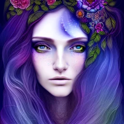 perfect long-haired woman, perfect eyes, full face tattoo of flower art and trees extending past face and morphing into galaxy, 8k resolution, high-quality, fine-detail, intricate, digital art, volumetric lighting
