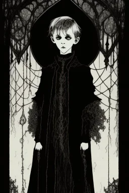 7 year old boy, necromancer, friendly, looks dead, surrounded by weird smoke with eyes, wearing black robes, in the style of Harry Clarke