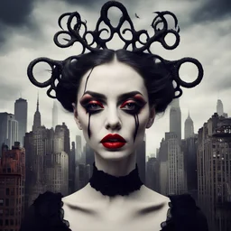 a photo of gothic girl, surrealism style, dali, three eyes in your face, red lips, newyork city