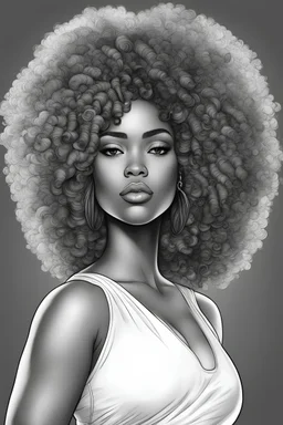 Create a coloring page of a beautiful curvy black female looking to the side with tight curly afro. No shading, No color, define lines, clean lines