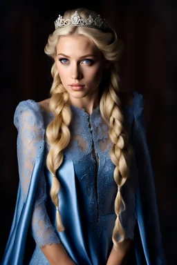 dark brown wood panel background with an overhead spotlight effect, 18-year-old Princess, Elsa Jones, Blue eyes, bleach blonde hair, braided, imbued with Freeze powers, head and shoulders portrait, wearing a blue, lacy Prom dress with a tiara, full color -- Absolute Reality v6, Absolute reality, Realism Engine XL - v1