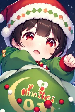 Anime style, Child girl, short brown hair, has red eyes, He has pink dots on his cheeks, wears a green shirt horizontally striped with yellow, He's in a snow-covered place, he's wearing a standard red Christmas hat,