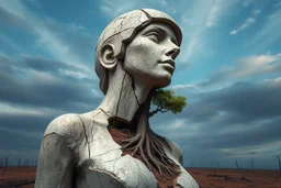 create a surreal sculpture-like portrait of a female figure made of aged, cracked stone. Her torso and face have large broken areas revealing a living tree growing within, roots connected to the barren ground. Sky in soft blue hues with drifting clouds, dramatic and timeless, high realism with symbolic surrealism --v 7 --style raw --ar 3:4