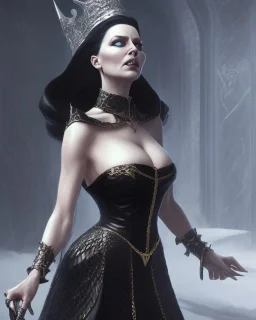 old evil queen in black leather gown, femme fatale, volouptous, busty, cleavage, angry, emperious, 8k resolution concept art portrait by Greg Rutkowski,