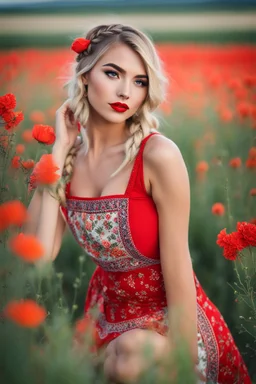 Beautiful russian girl, blonde hair, bold lipstick, wild color full flower field, braided bangs, braided bobcut, solo, apron,thick thighs, side-tie panties, black hair, 18yo,(on back:1.2) ,red dress, portrait