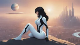 A white woman with black hair, in an android-looking catsuit, sitting on a rock, sideways, with Saturn planet behind her, filling most of the sky, a futuristic city on the horizon, evening sunlight