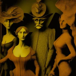 Daguerrotype close up some mysterious figures, odd background, cinematic, Hieronymus Bosch Max Ernst ambient light, by Minicavio Quollati and Marlost Endgulp, Amano, Botticelli, Alphonse Mucha