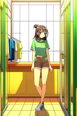 anime girl in a changing room wearing short-shorts and putting on her shirt