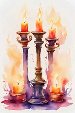 Watercolor candlestick with burning candles from the movie Beauty and the Beast on a light background