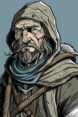middle age human male, broody, hunter, far nord, comic book art style