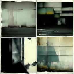 Minimal abstract oil paintings desolate 1960s carpark concrete fragments. style of Justin Mortimer and Francis Bacon.