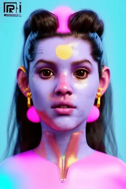 Ultra Realistic image, Rosalía artist, portrait, normal complexion, waist up portrait, two monkeys hair ,black eye long line, sweet face, t-shirt with holes, inflatable open coat, gold pink and blue style, spray glow make up, geometric led jewelry, fog, hot, inflatable style latex coat, vibrant color, highly detailed, art stations, concept art, smooth, unreal engine 5, god rays, ray tracing, RTX, lumen lighting, ultra detail, volumetric lighting, 3d, finely drawn, high definition.