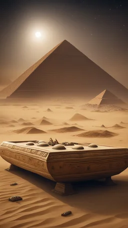 Hyper Realistic UFO spaceships outside Egyptian mummy coffins outside Pyramids with sandstorm at dark night