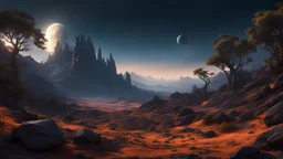 Landscape of a dark far away planet, rock and organic soil, glowing trees, UHD, masterpiece, trending on artstation, sharp focus, studio photo, intricate details, highly detailed, by greg rutkowski